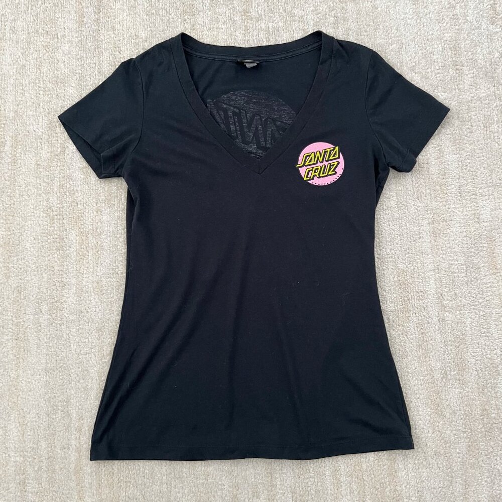 Santa Cruz Black Classic Dot Short Sleeve V-Neck Graphic T Shirt L